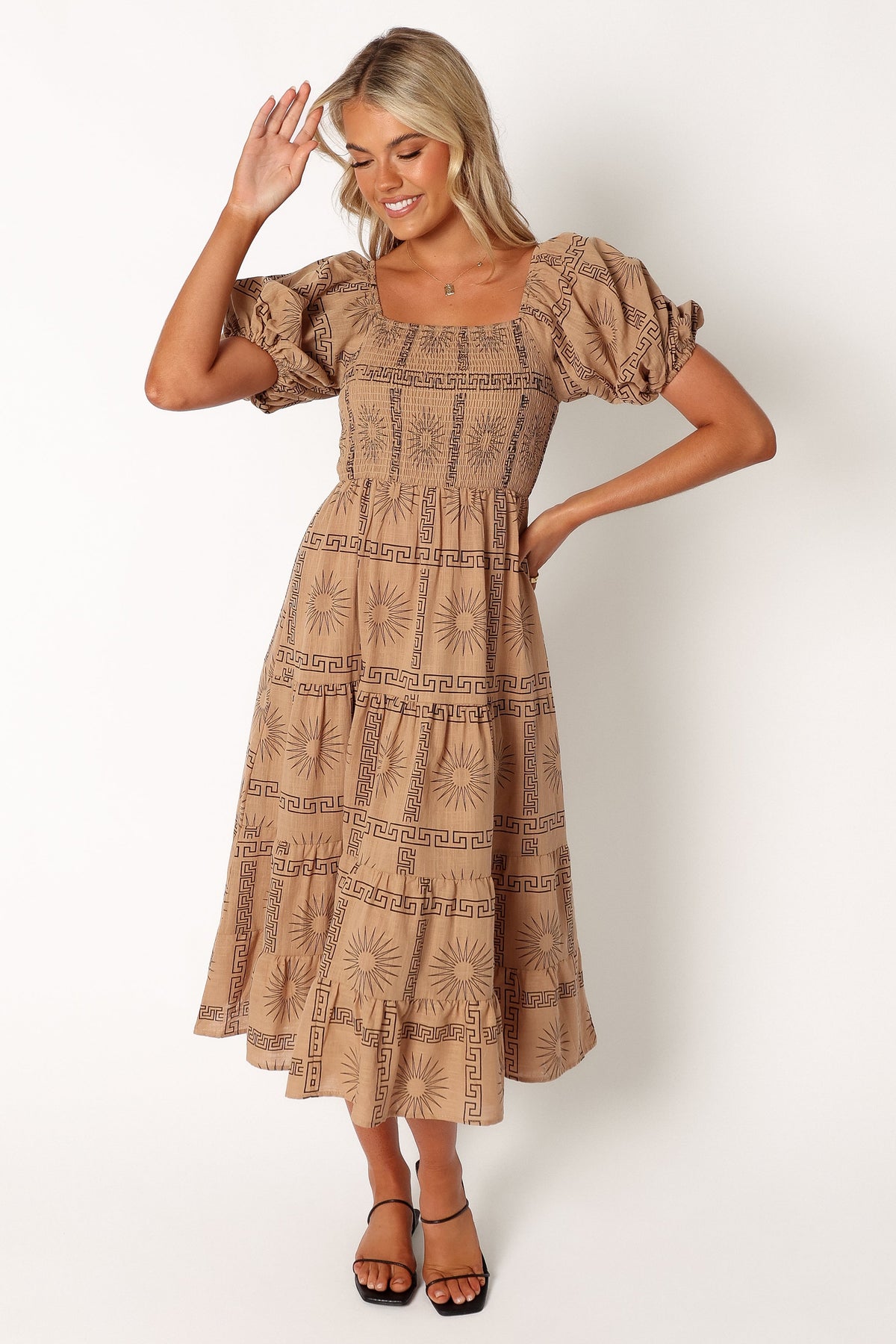 Soliel Puff Sleeve Midi Dress in Tan Black – view 1 of 10