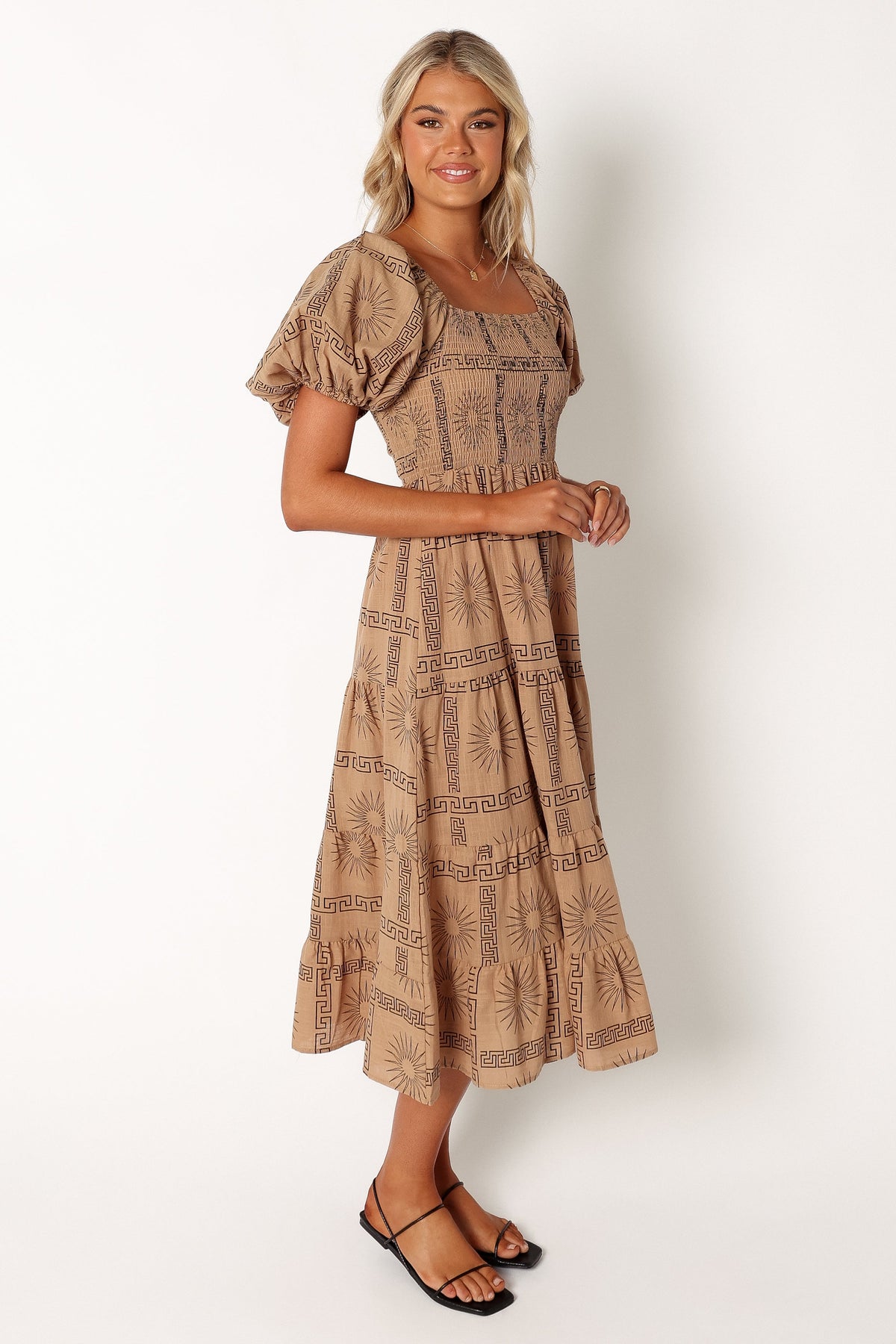Soliel Puff Sleeve Midi Dress in Tan Black – view 5 of 10