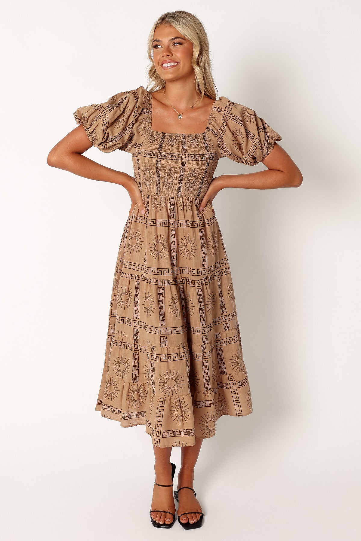 Soliel Puff Sleeve Midi Dress in Tan Black – view 3 of 10