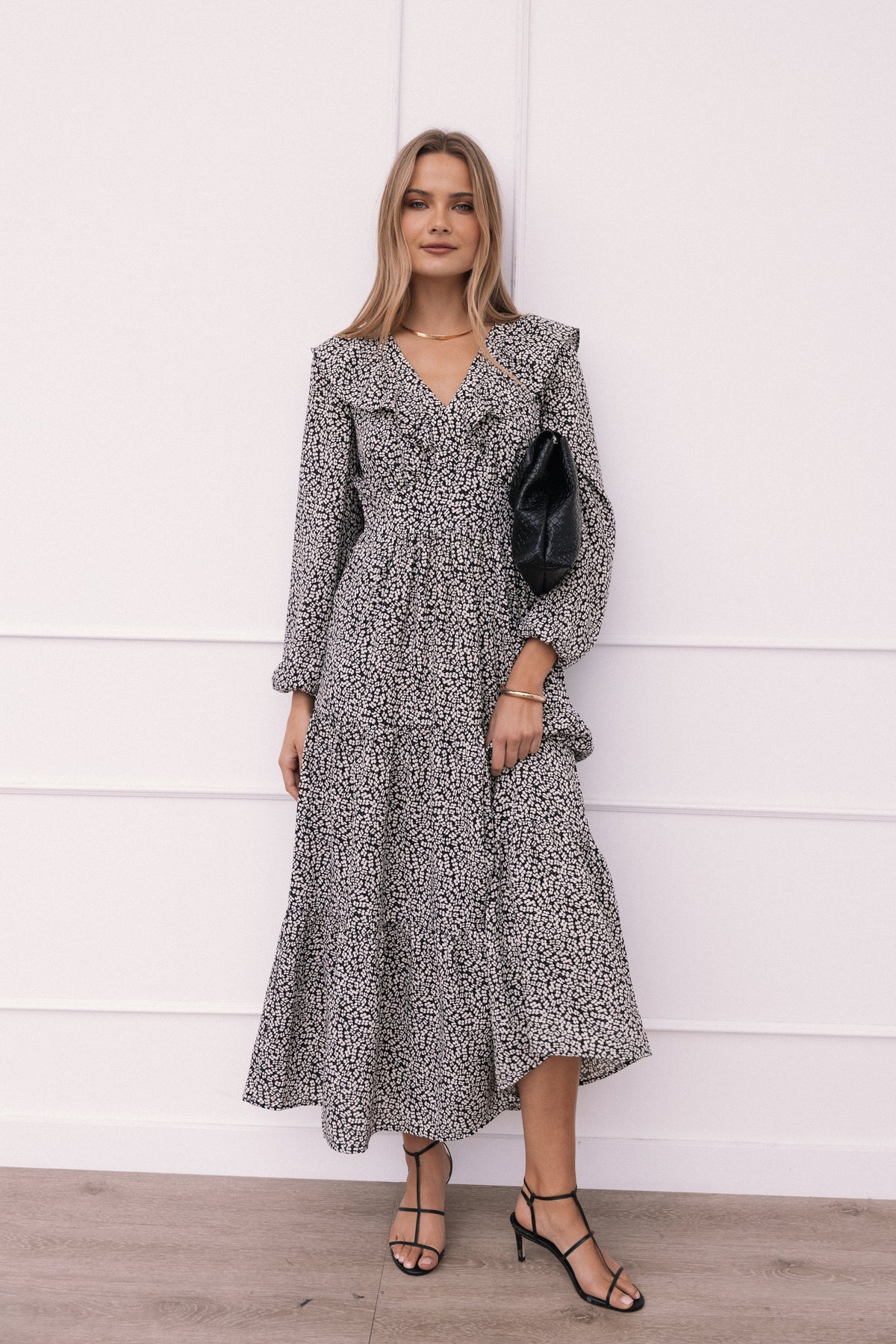 Sophie Long Sleeve Maxi Dress in Black/Ivory – view 1 of 9