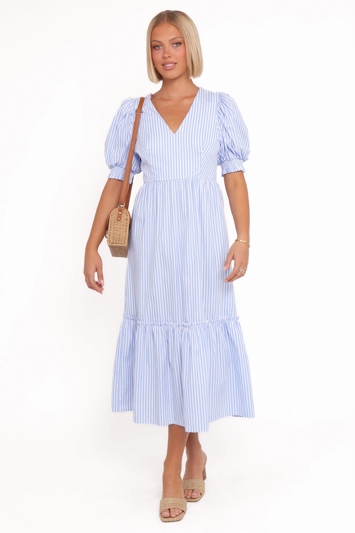 Steele Puff Sleeve Midi Dress in Blue Stripe – view 2 of 8