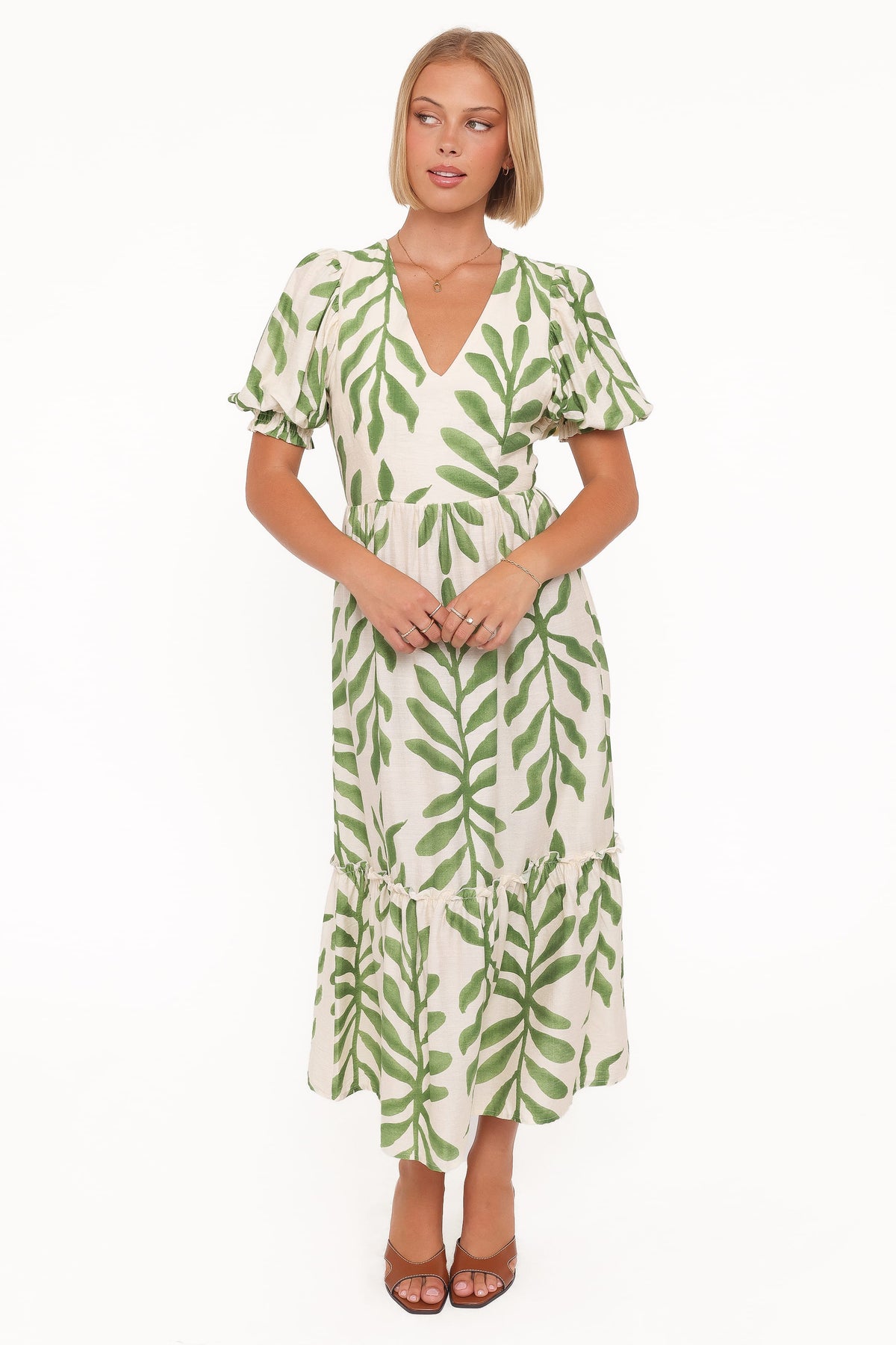 Steele Puff Sleeve Midi Dress in Green Palm – view 5 of 6
