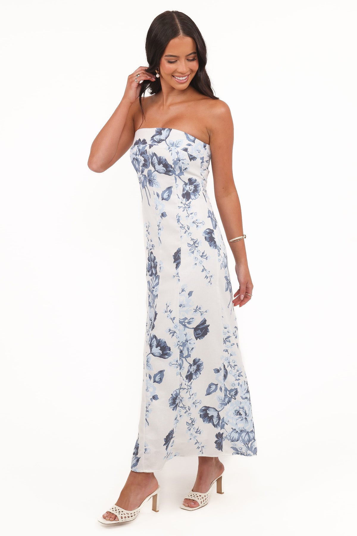Tamira Strapless Midi Dress in Blue Floral – view 3 of 5
