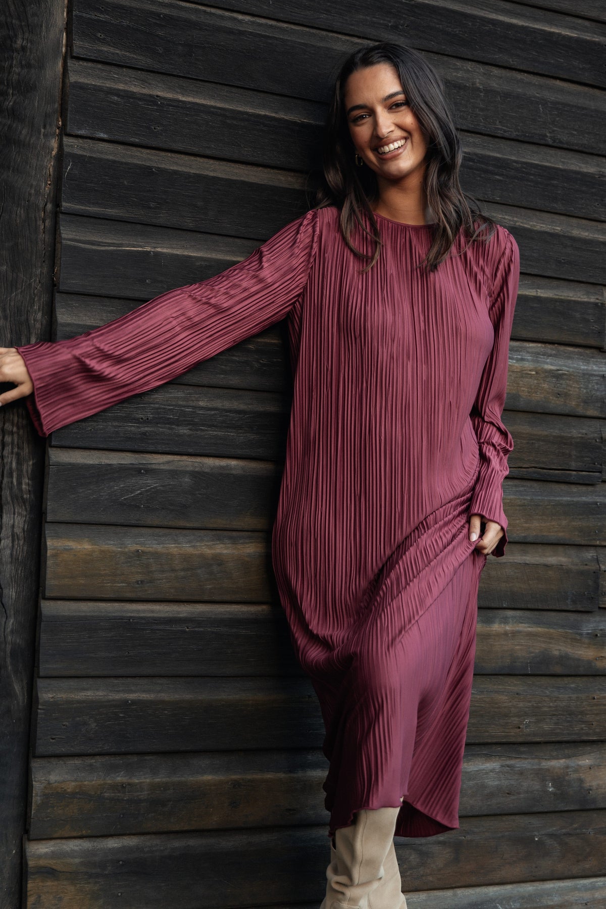 Tannikah Plisse Midi Dress in Ruby Wine – view 2 of 9