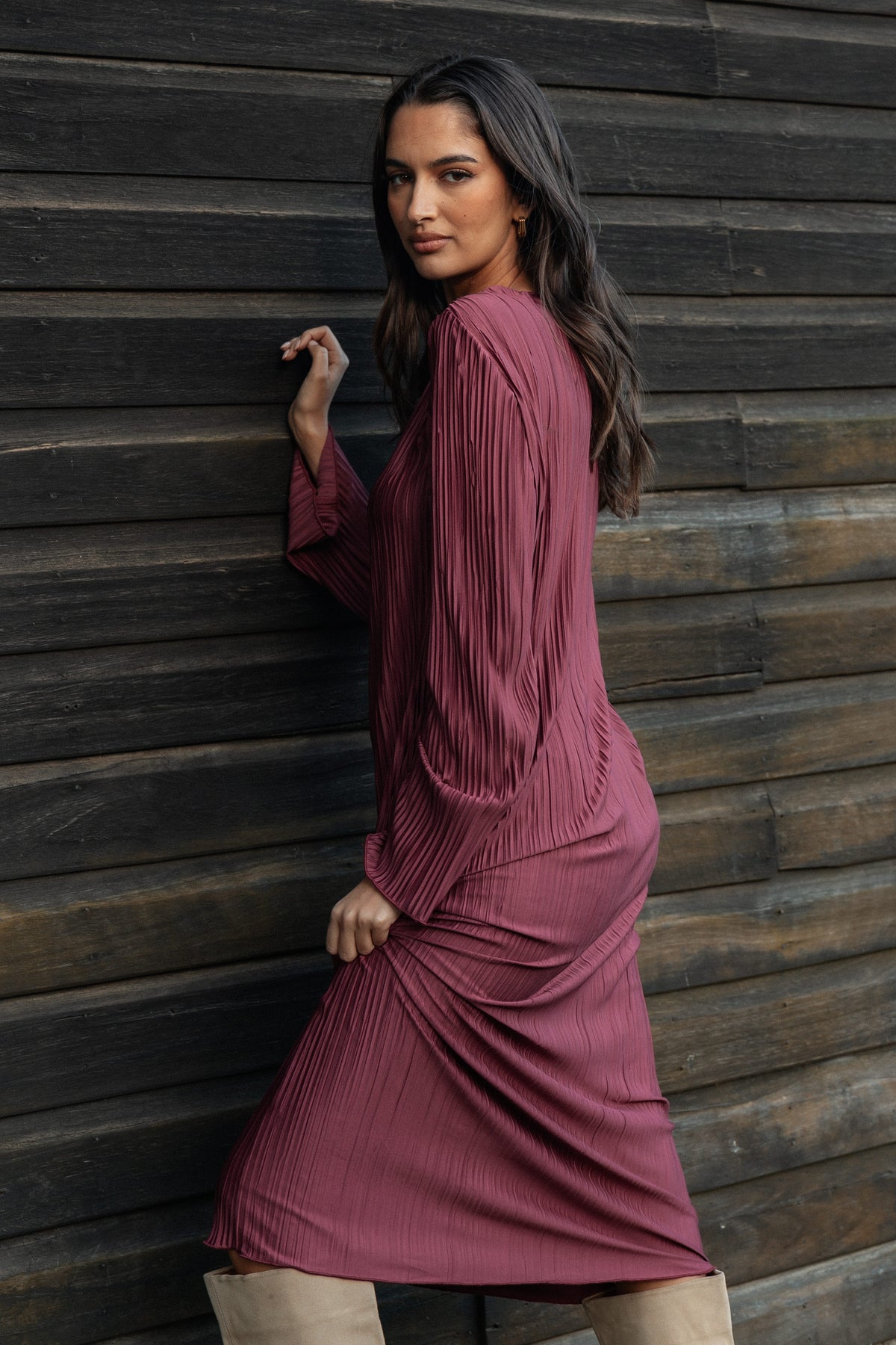 Tannikah Plisse Midi Dress in Ruby Wine – view 1 of 9