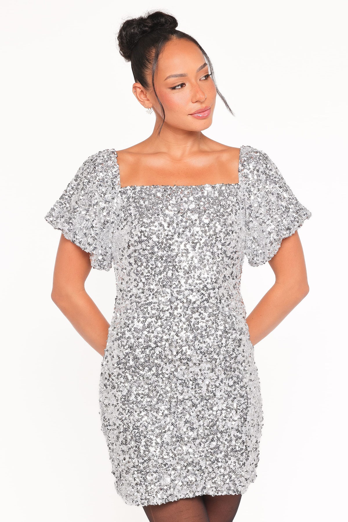 Tory Off Shoulder Sequin Mini Dress in Silver – view 2 of 8