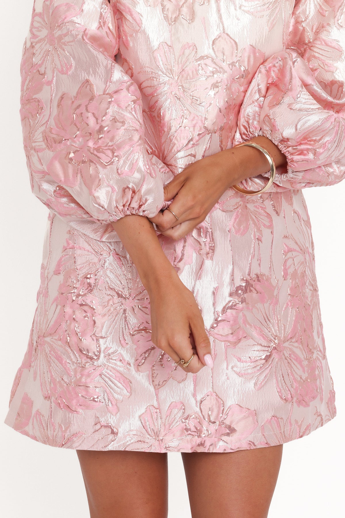 Treloar Long Sleeve Mini Dress in Pink Brocade – view 7 of 9