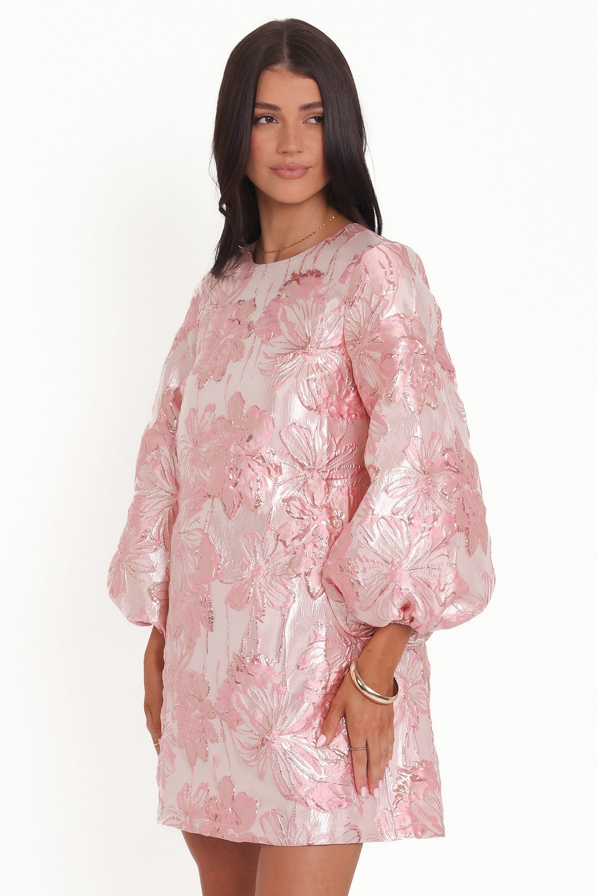 Treloar Long Sleeve Mini Dress in Pink Brocade – view 4 of 9