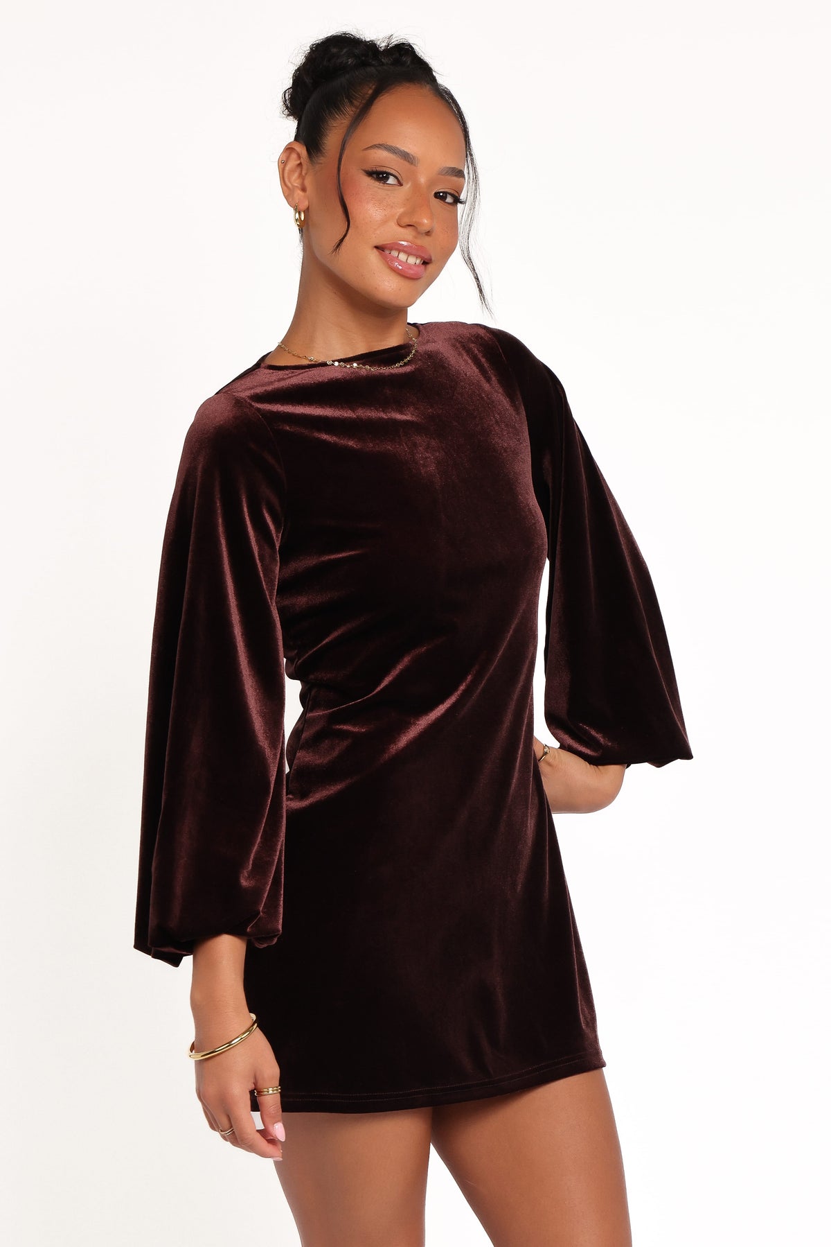 Twylar Long Sleeve Velvet Mini Dress in Brown – view 4 of 8