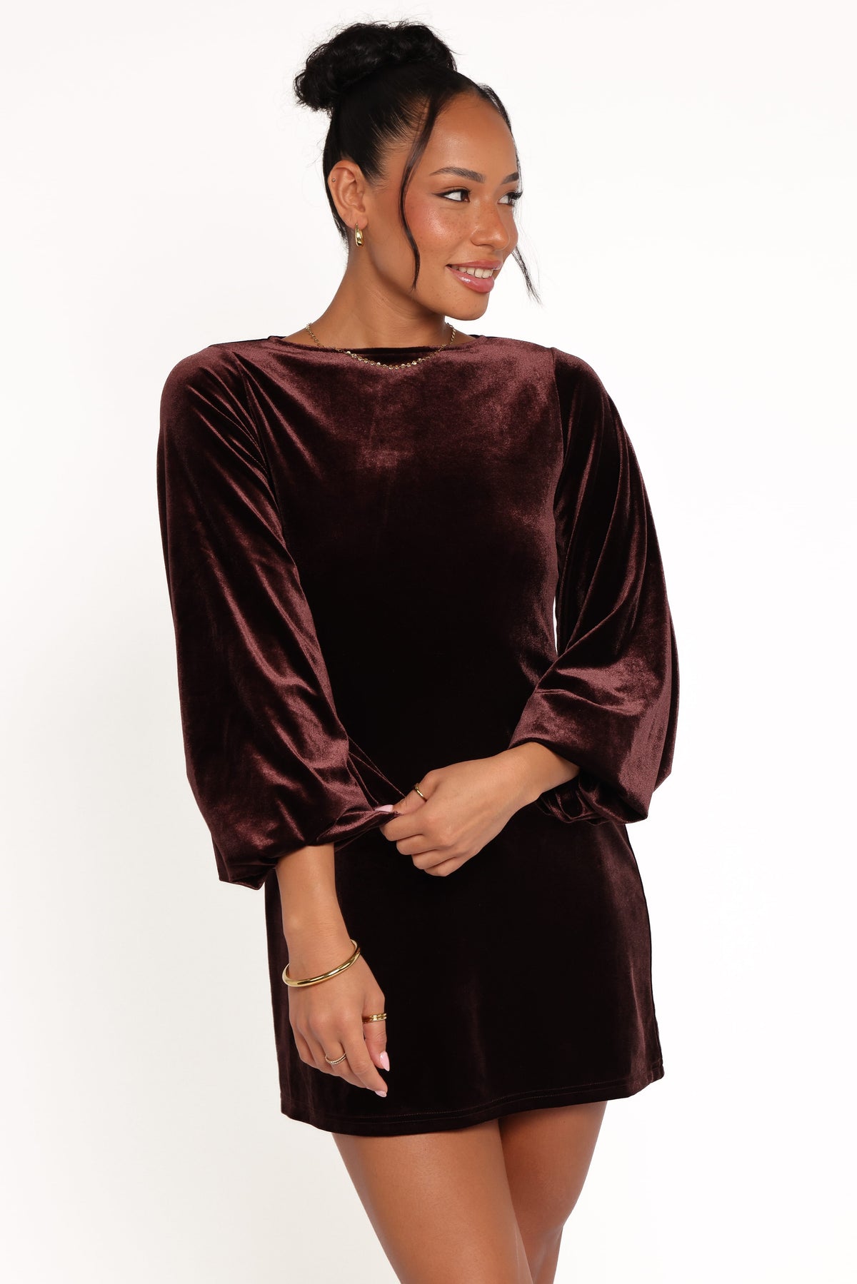 Twylar Long Sleeve Velvet Mini Dress in Brown – view 2 of 8