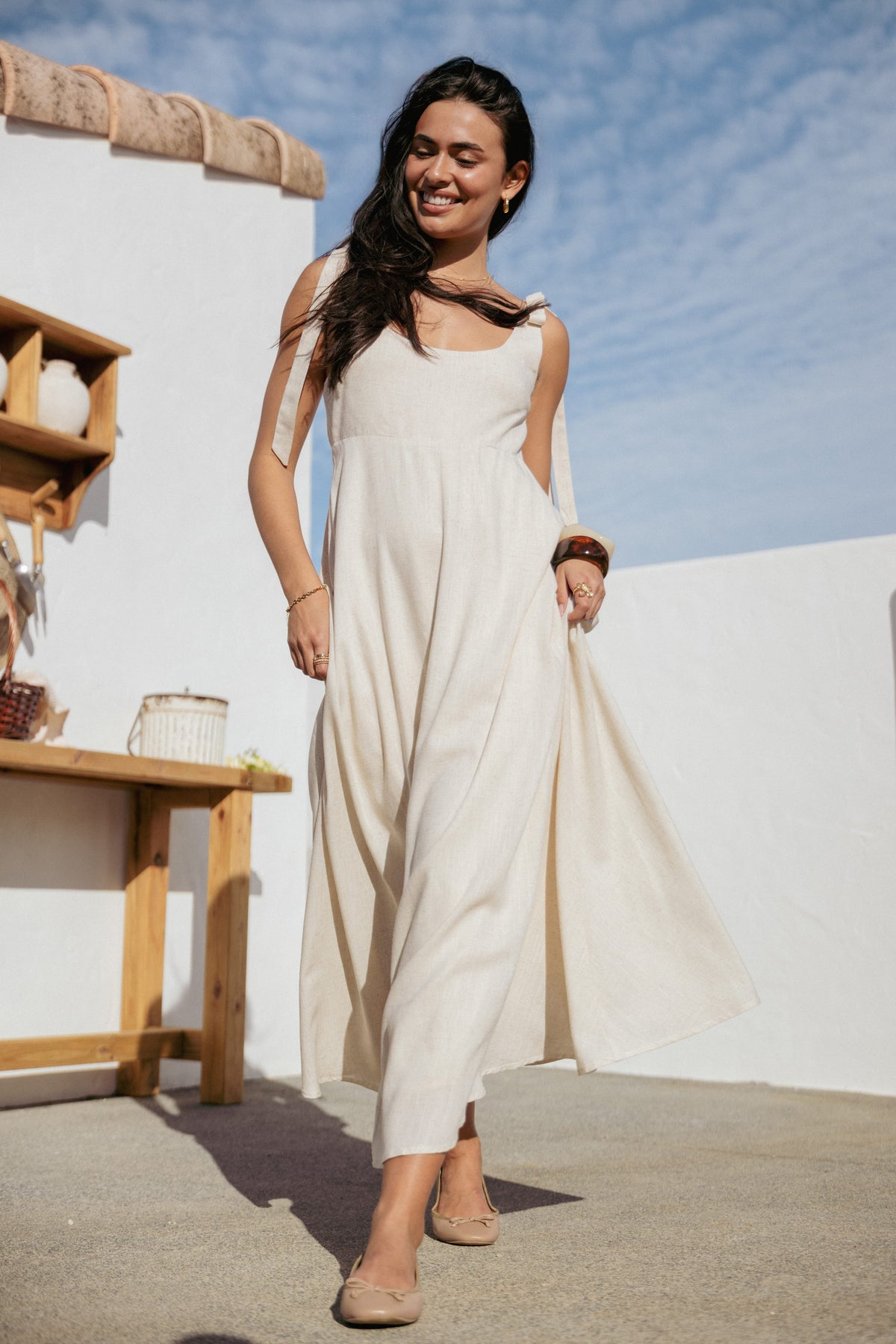 Valara Tie Shoulder Maxi Dress in Oatmeal – view 1 of 8