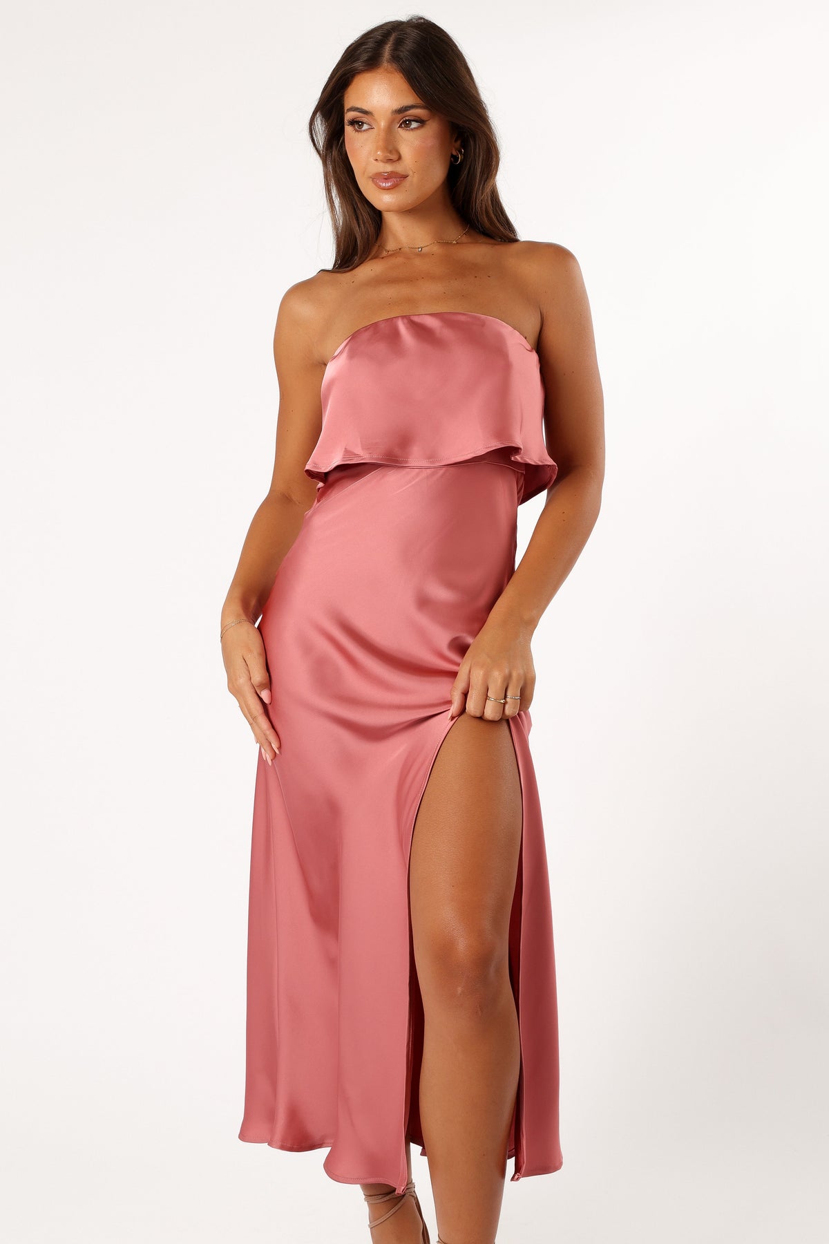 Vienna Strapless Midi Dress in Dusty Rose – view 1 of 10