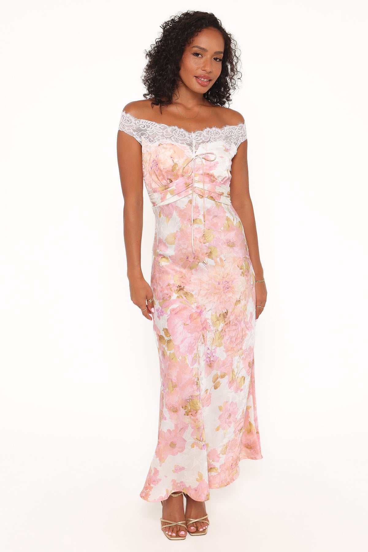 Voss Off Shoulder Lace Maxi Dress in Pink Floral – view 1 of 5