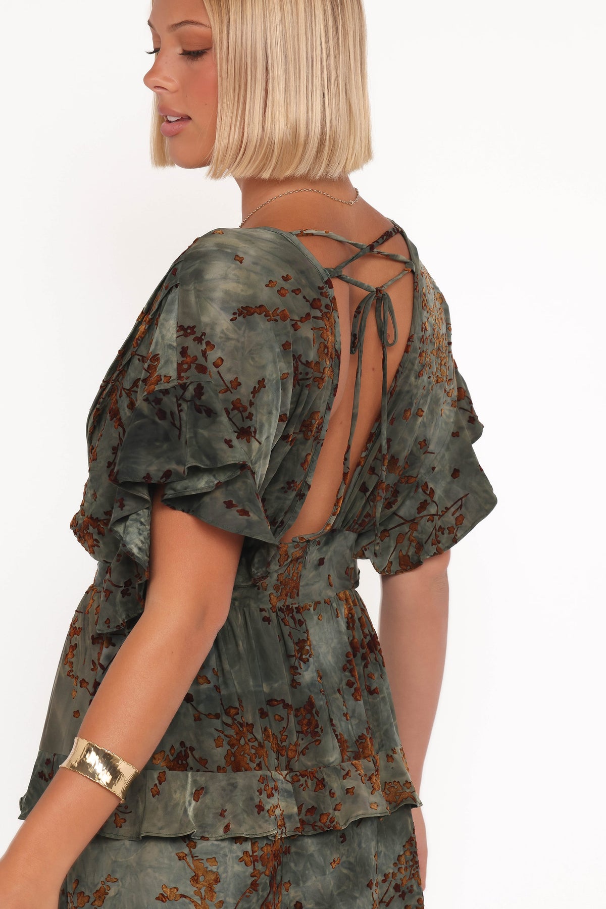 Wendi Ruffle Dress in Jade/Brown – view 2 of 6