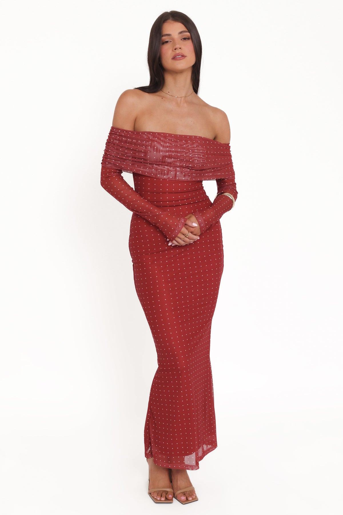 Zeva Off Shoulder Maxi Dress in Burgundy Spot – view 6 of 8
