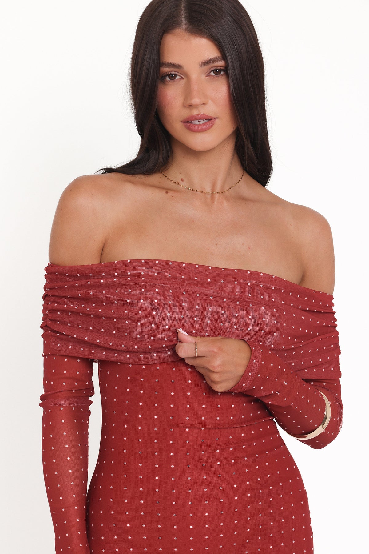 Zeva Off Shoulder Maxi Dress in Burgundy Spot – view 3 of 8