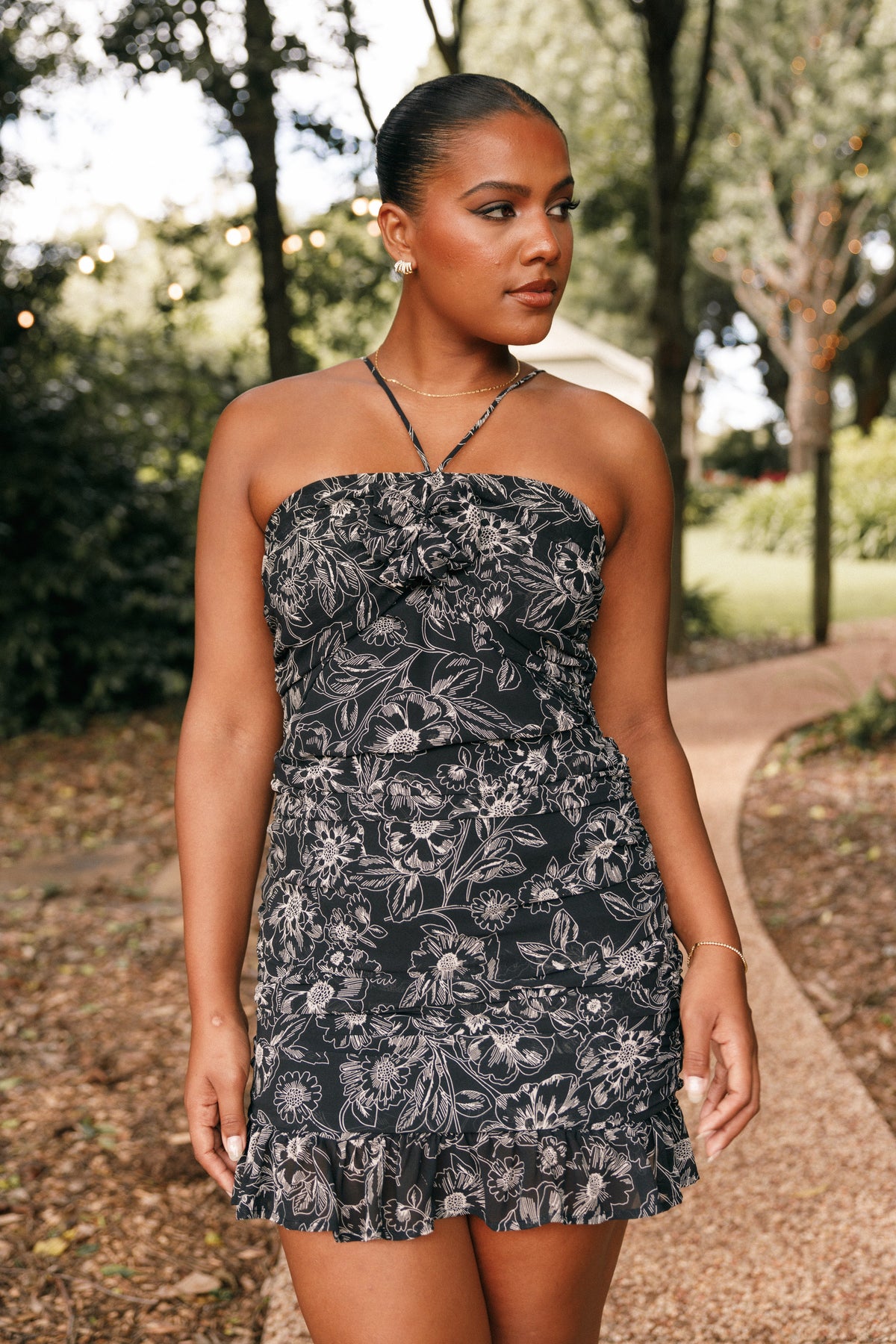 Zuri Rosette Mini Dress in Black Floral – view 1 of 9