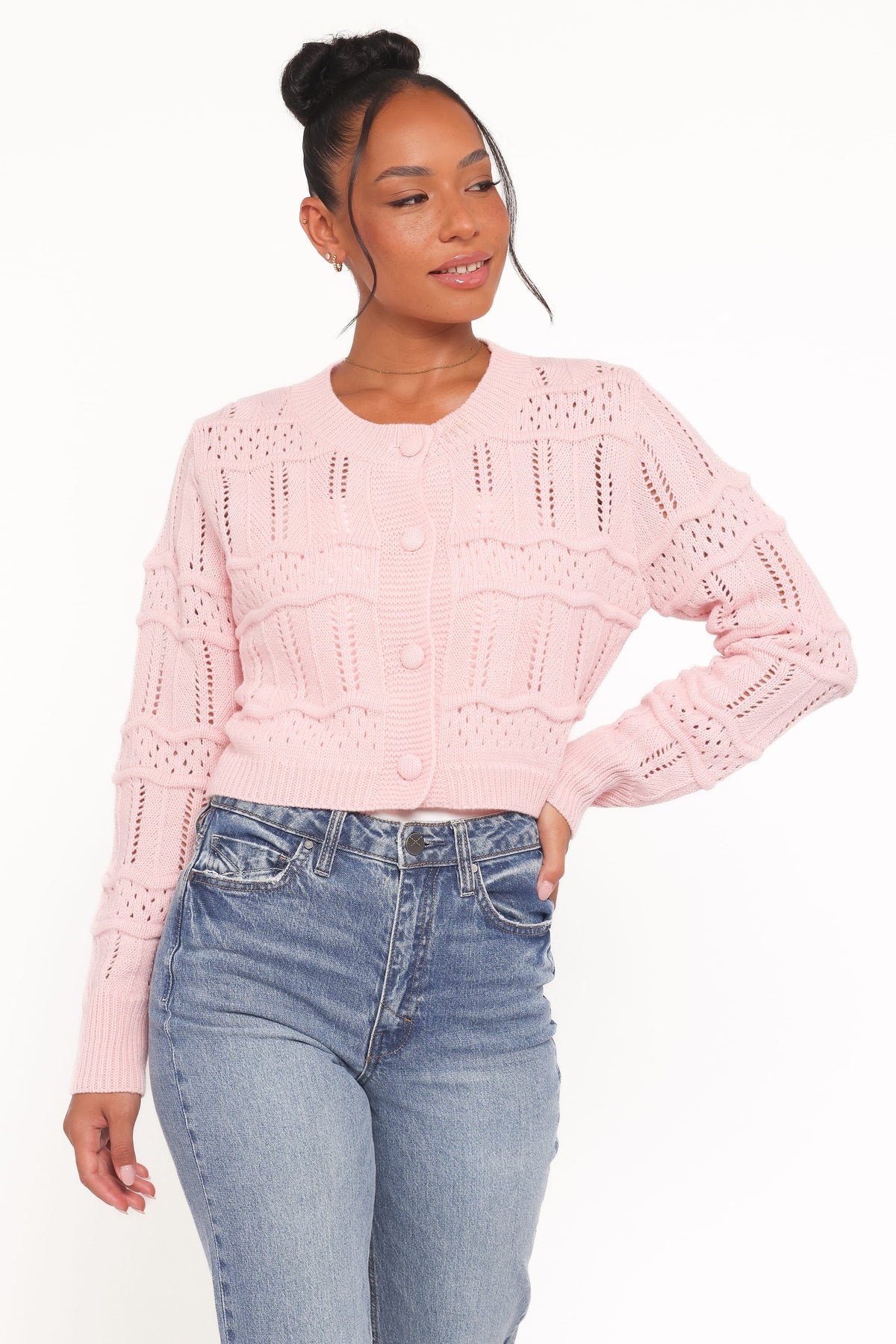 Aidy Crop Button Front Cardigan in Pink – view 1 of 6