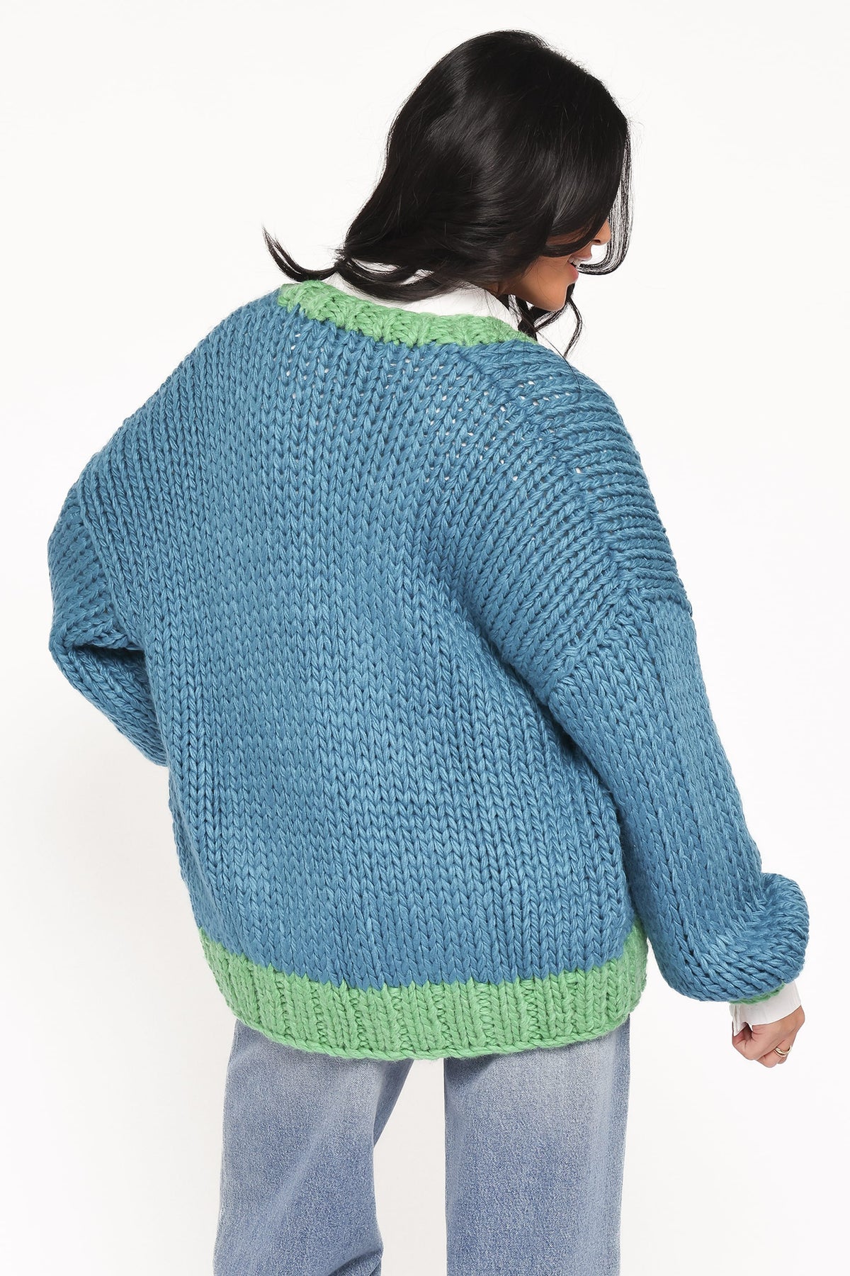 Anige Contrast Trim Cardigan in Blue/Green – view 4 of 7