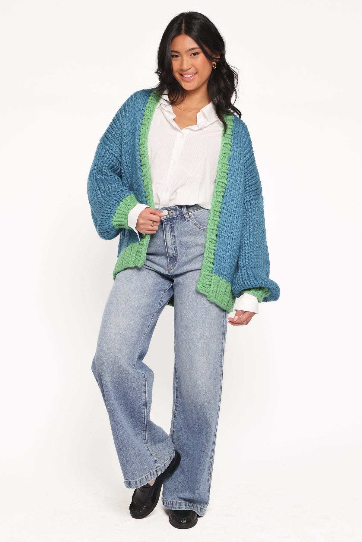 Anige Contrast Trim Cardigan in Blue/Green – view 6 of 7