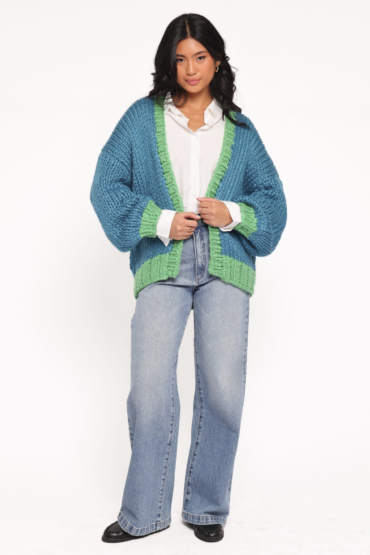 Anige Contrast Trim Cardigan in Blue/Green – view 5 of 7