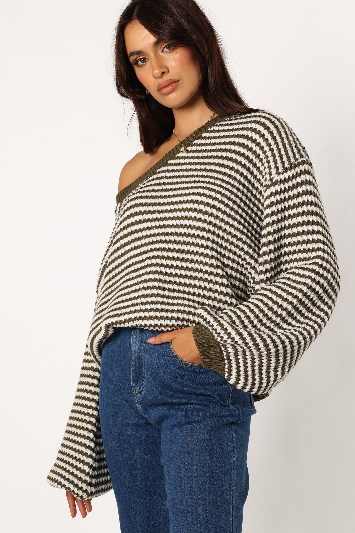 Becca Crewneck Waffle Stitch Stripe Knit Sweater in Olive – view 1 of 9
