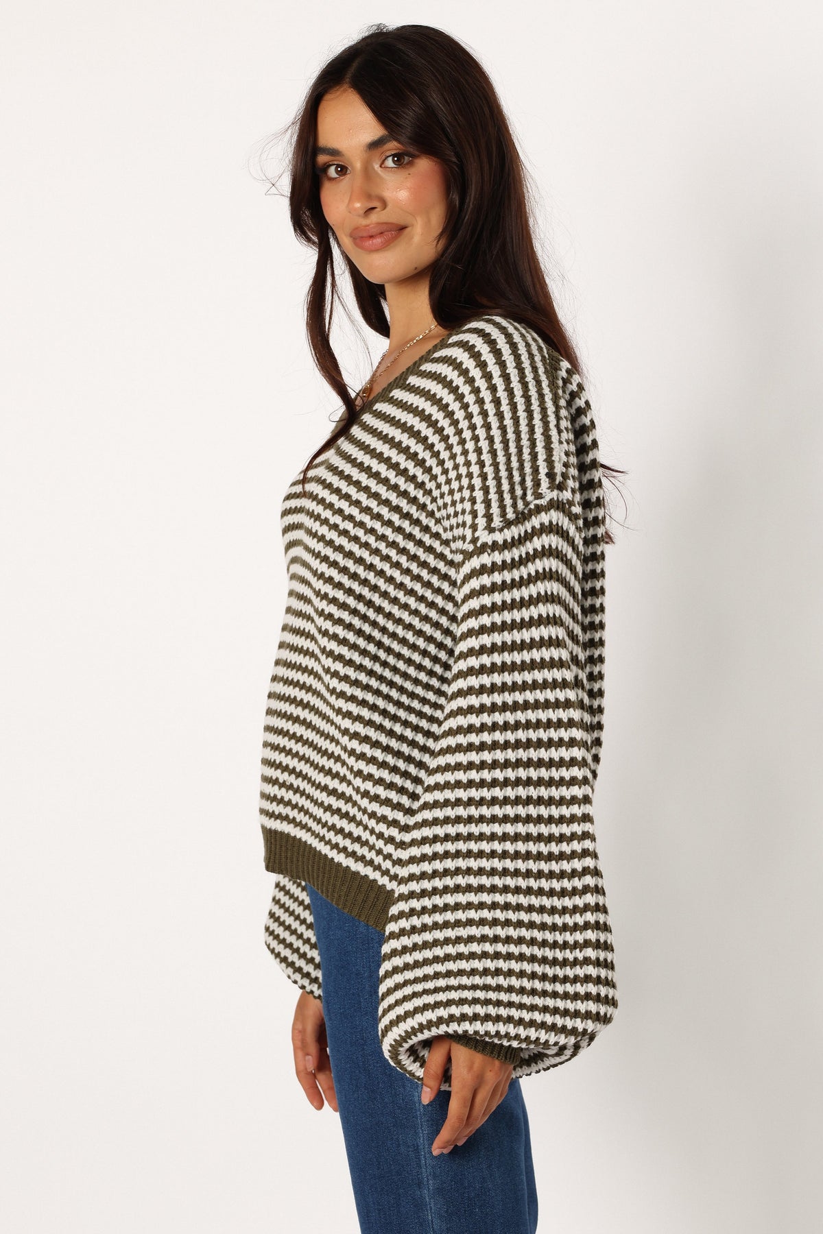Becca Crewneck Waffle Stitch Stripe Knit Sweater in Olive – view 4 of 9