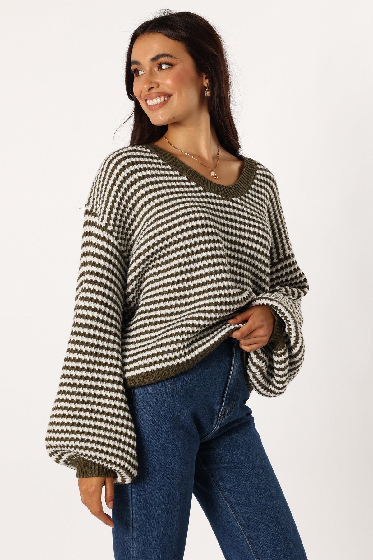 Becca Crewneck Waffle Stitch Stripe Knit Sweater in Olive – view 6 of 9