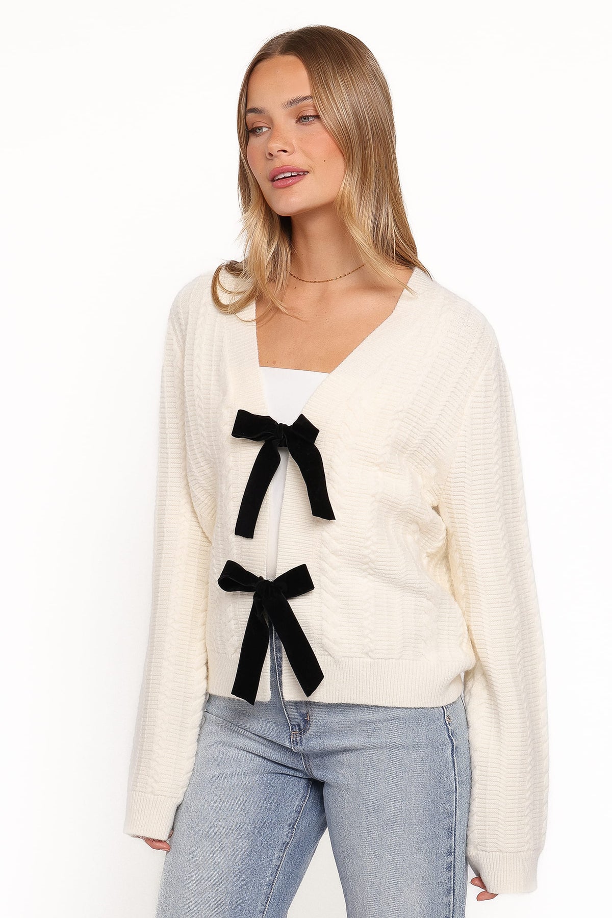 Bree Velvet Bow Cardigan in Cream – view 3 of 6