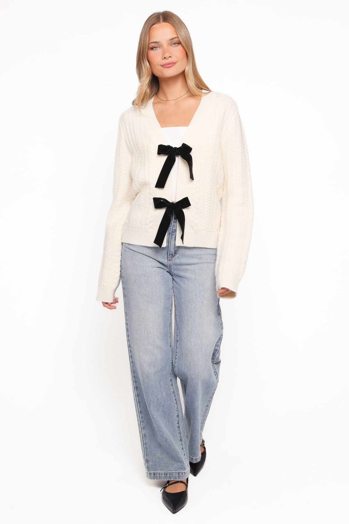 Bree Velvet Bow Cardigan in Cream – view 5 of 6
