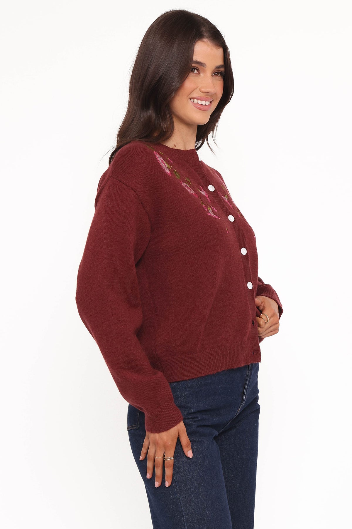 Brittany Placed Embroidery Flower Cardigan in Burgundy – view 3 of 6