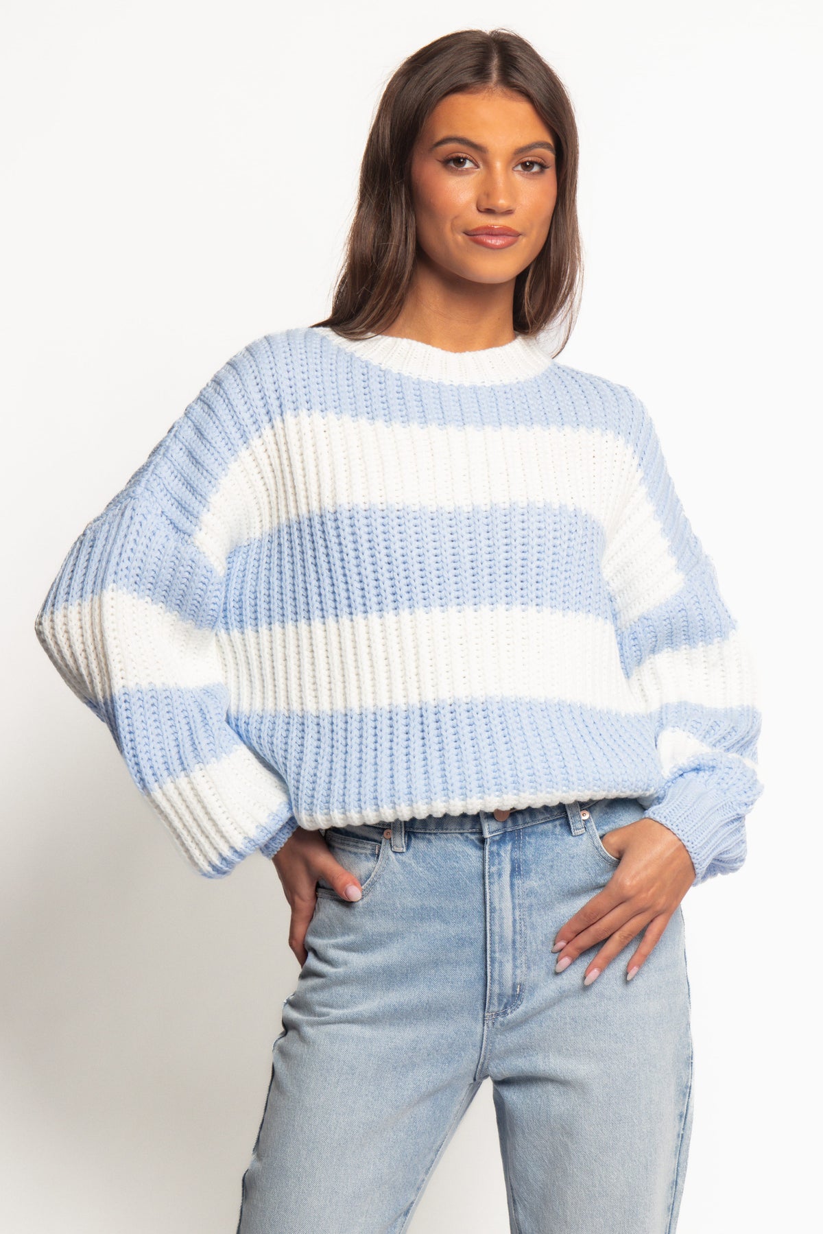 Courtney Thick Stripe Knit Sweater in Blue Cream – view 1 of 7