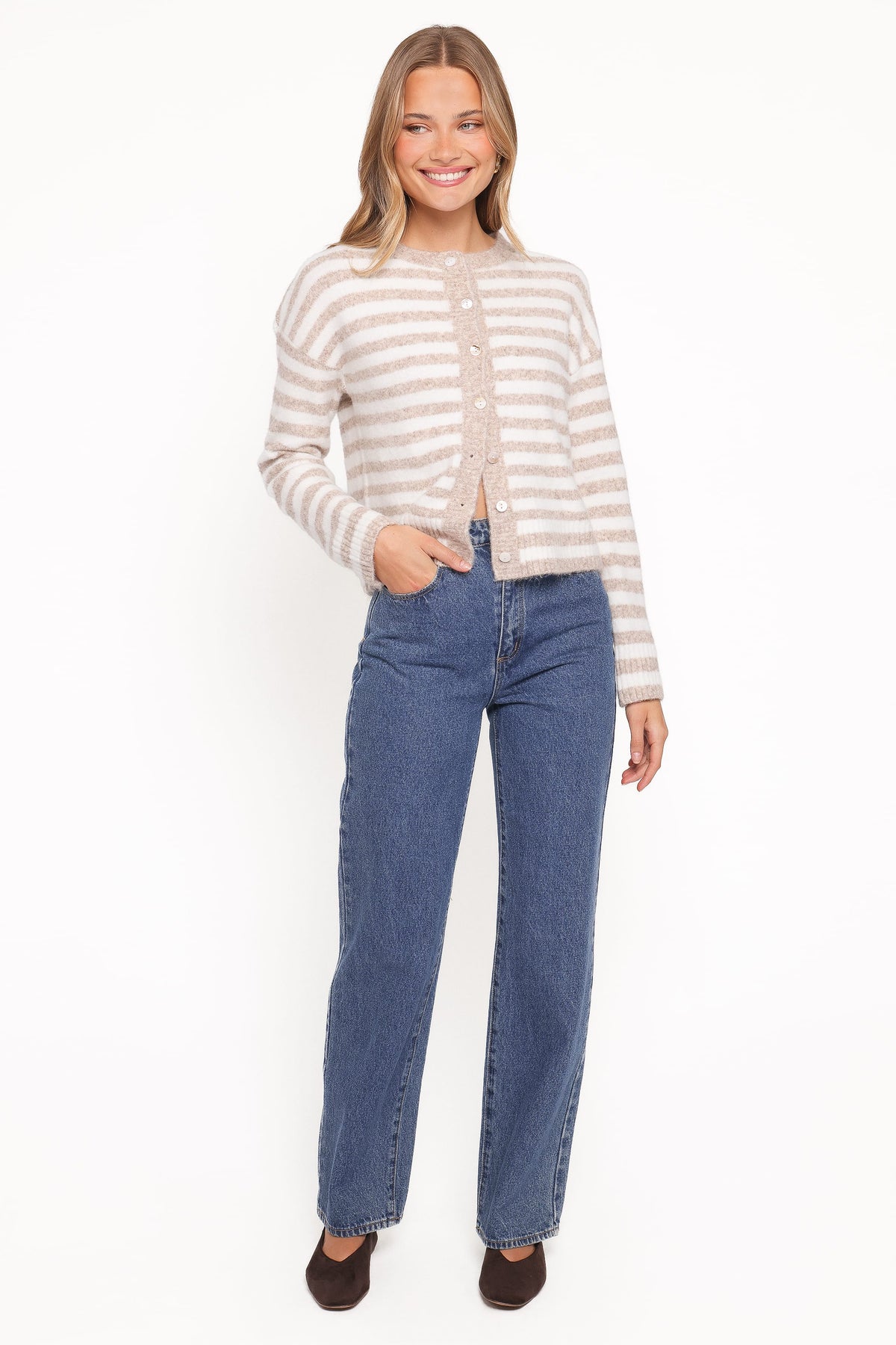 Dean Striped Cardigan in White/Beige – view 5 of 6