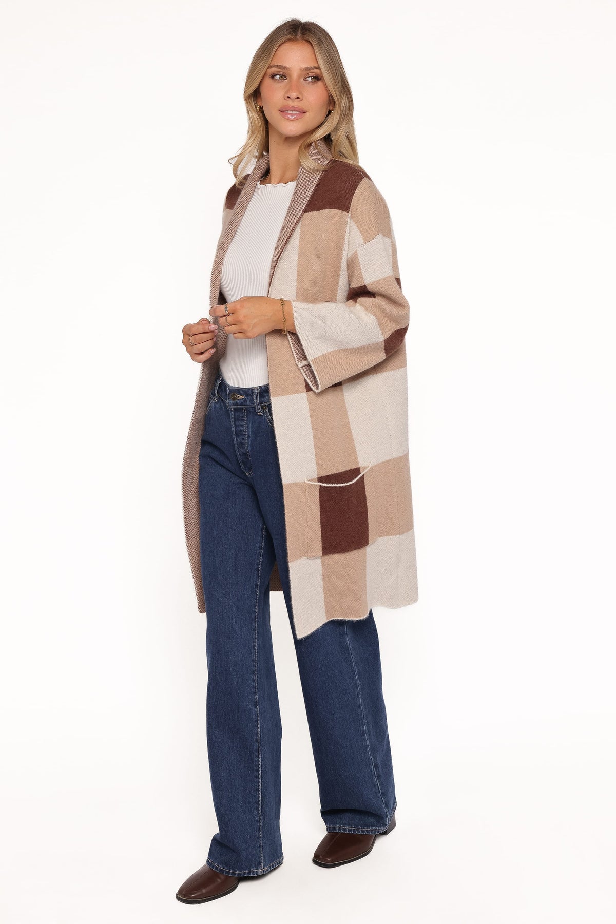 Ecoya Long Cardigan in Brown Plaid – view 3 of 6