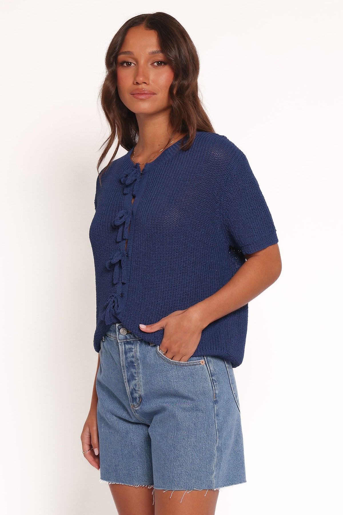 Gemma Short Sleeve Bow Cardigan in Navy – view 4 of 8