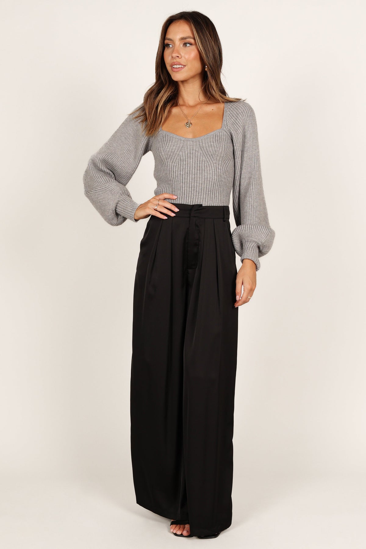 Gia Sweetheart Neck Bell Sleeve Knit Sweater in Light Grey – view 3 of 7