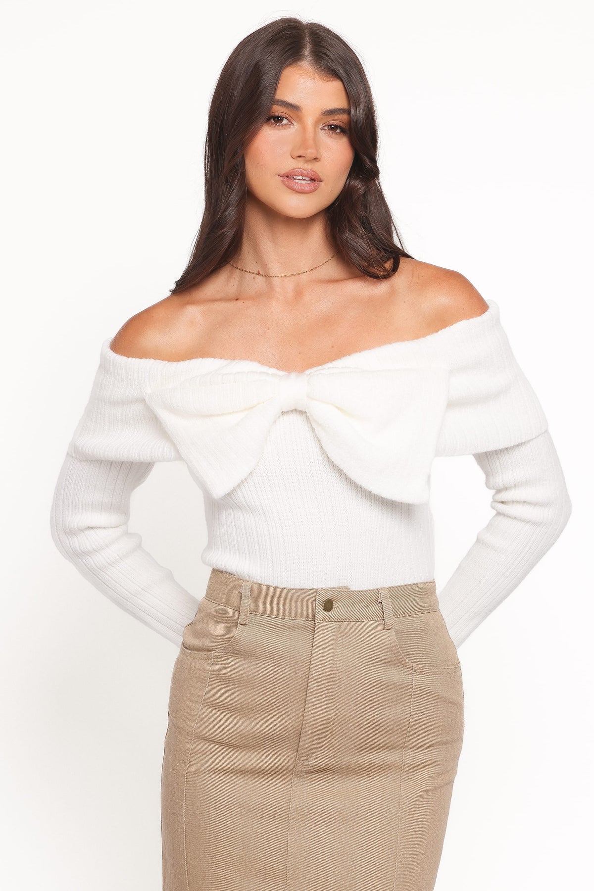 Helene Bow Off Shoulder Knit Sweater in Ivory – view 3 of 8