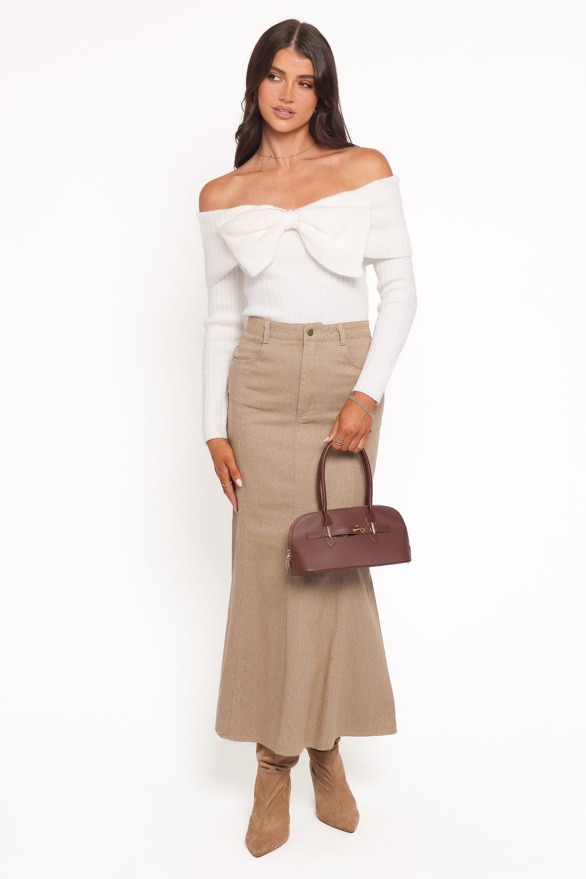 Helene Bow Off Shoulder Knit Sweater in Ivory – view 6 of 8