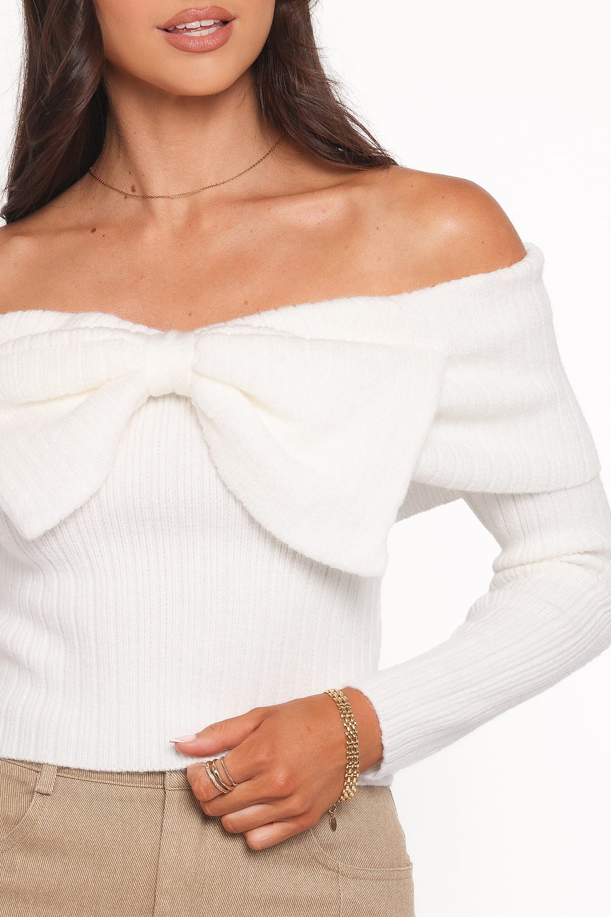 Helene Bow Off Shoulder Knit Sweater in Ivory – view 2 of 8