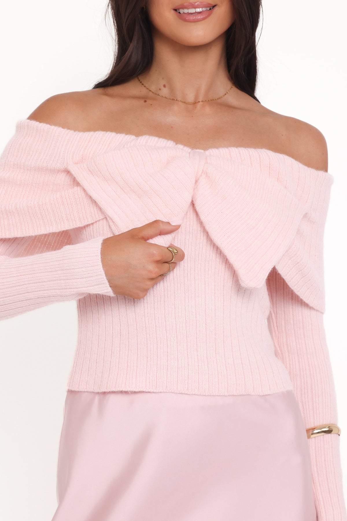 Helene Bow Off Shoulder Knit Sweater in Pink – view 3 of 7