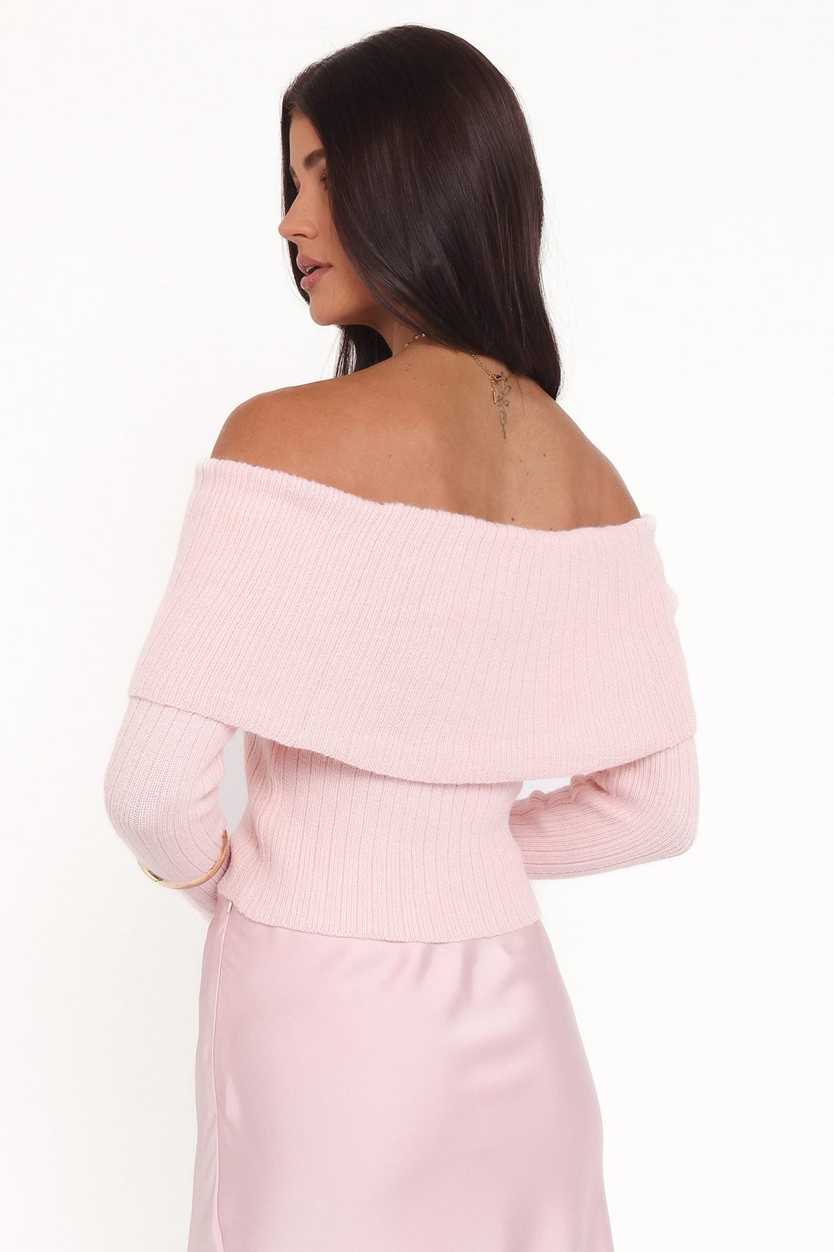 Helene Bow Off Shoulder Knit Sweater in Pink – view 5 of 7