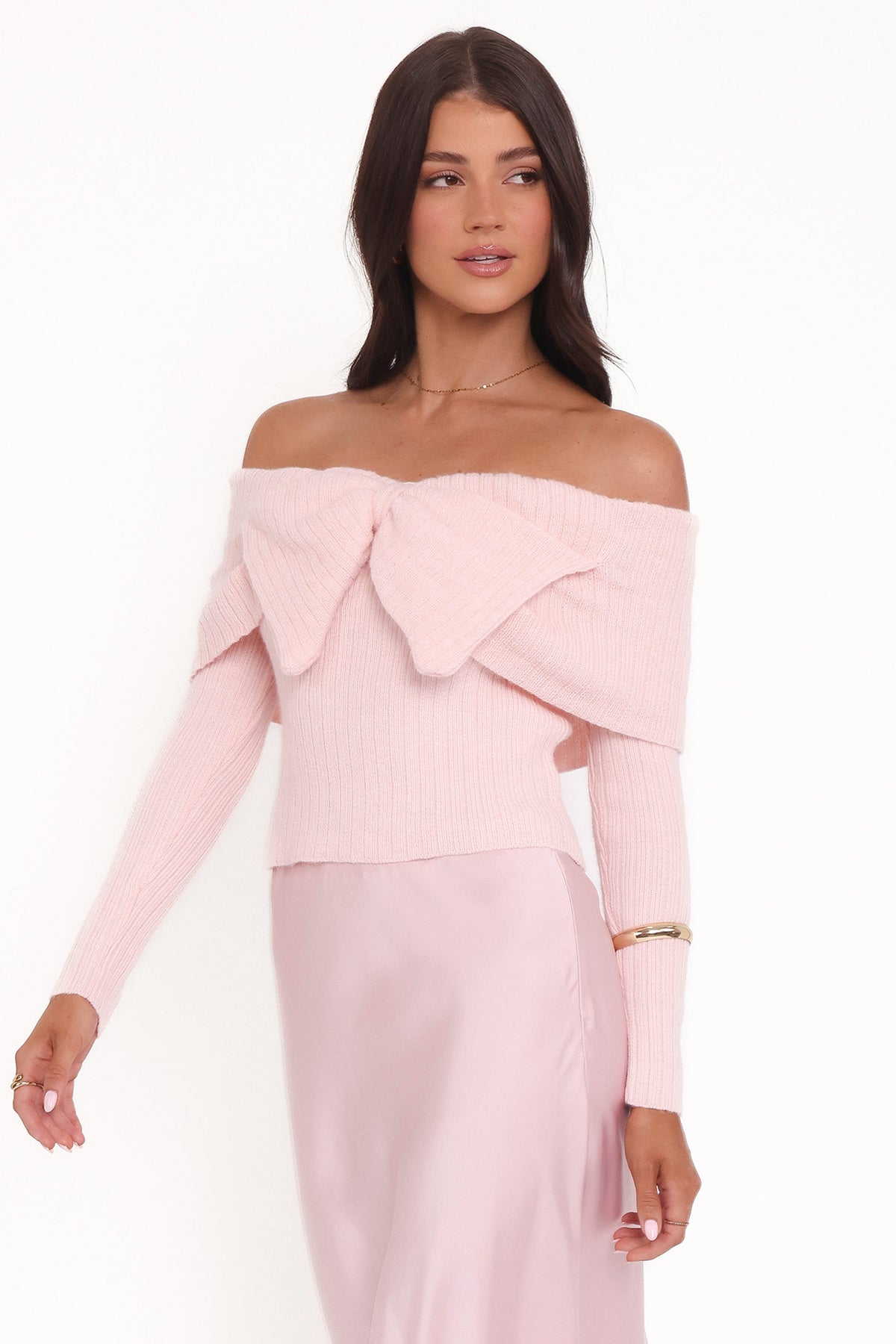 Helene Bow Off Shoulder Knit Sweater in Pink – view 4 of 7