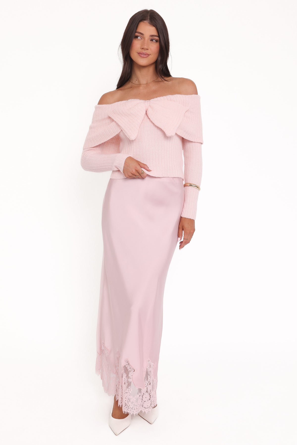 Helene Bow Off Shoulder Knit Sweater in Pink – view 2 of 7