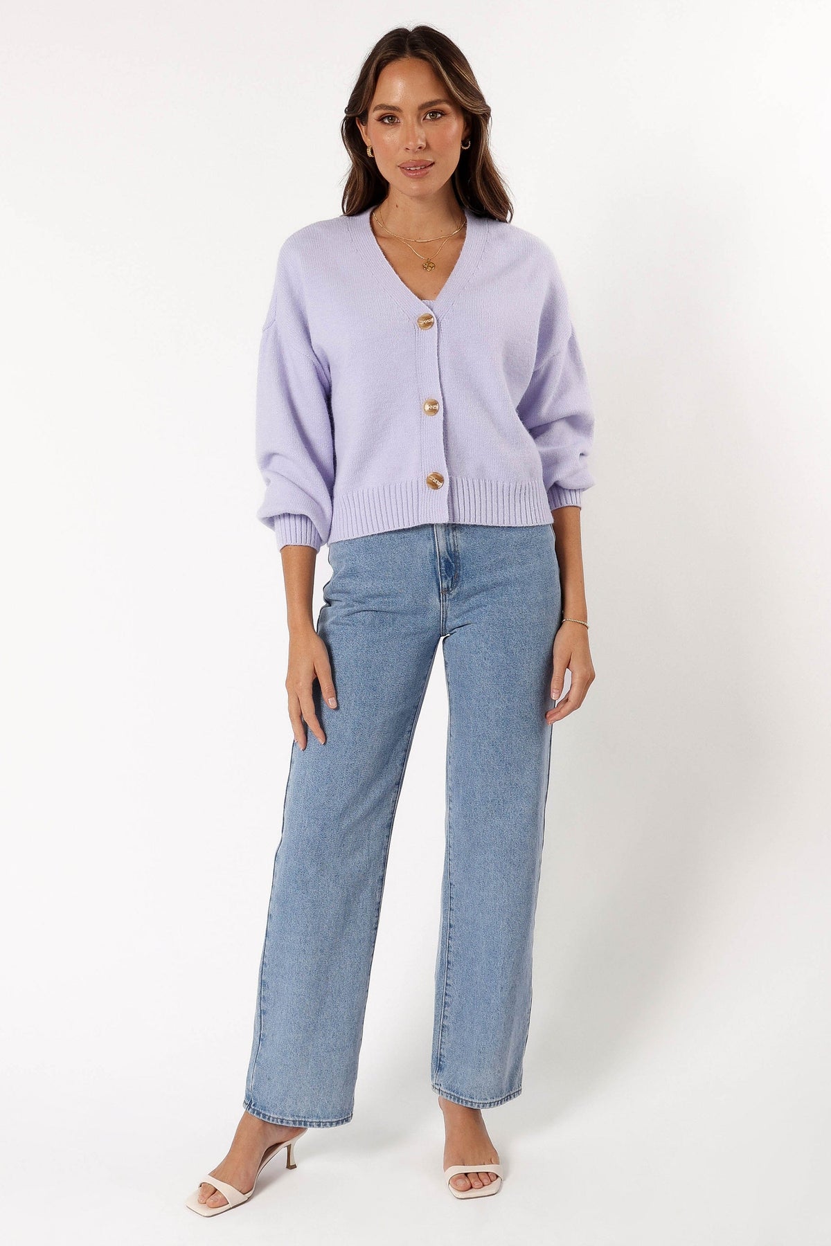 Isabel Button Front Cardigan in Lilac – view 4 of 10