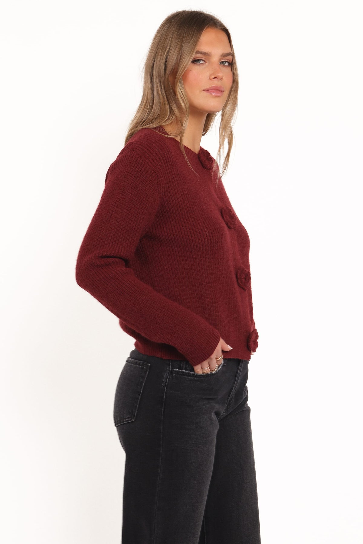 Jones Rosette Cardigan in Burgundy – view 3 of 6