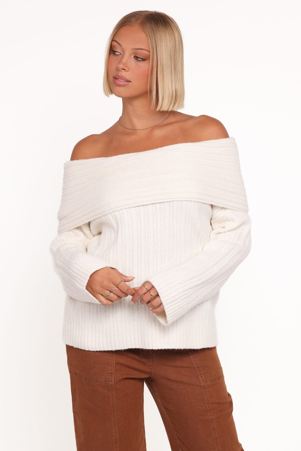 Kenny Off Shoulder Knit Sweater in Cream – view 1 of 6