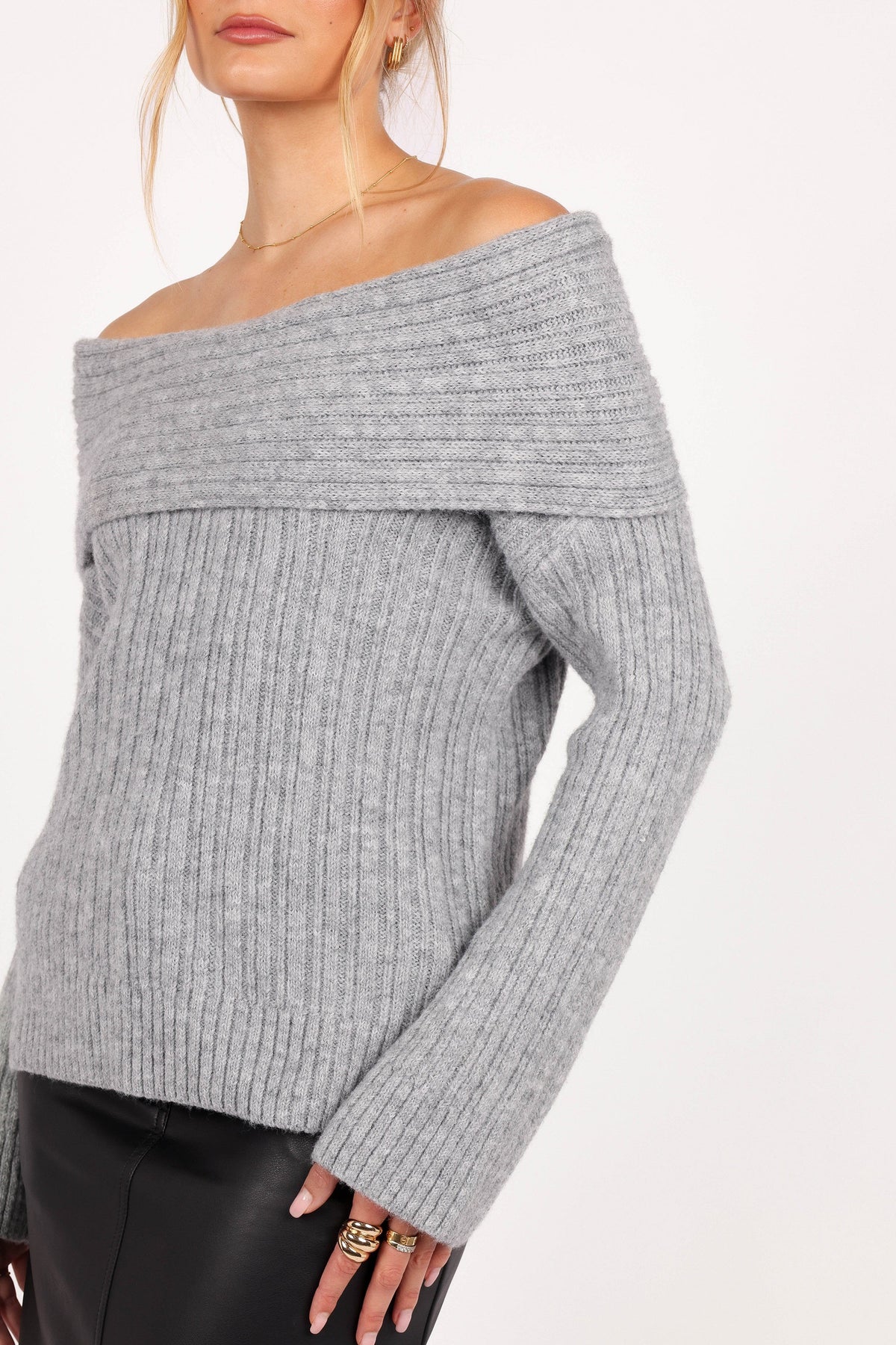Kenny Off Shoulder Knit Sweater in Grey – view 5 of 10