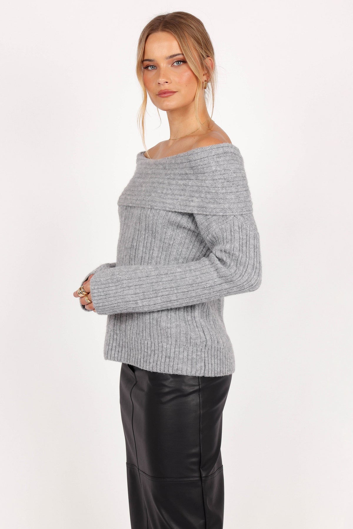 Kenny Off Shoulder Knit Sweater in Grey – view 6 of 10