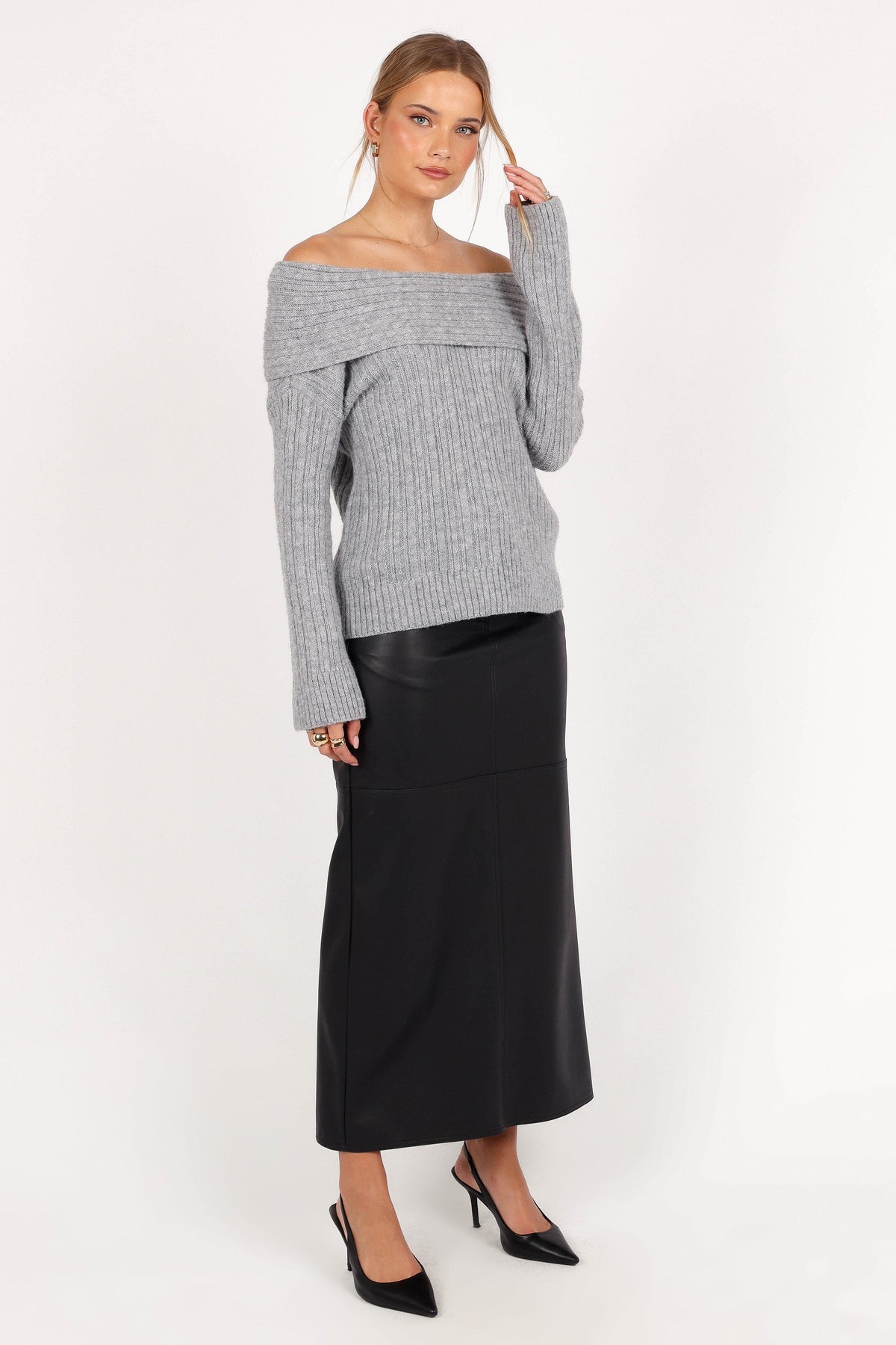 Kenny Off Shoulder Knit Sweater in Grey – view 9 of 10