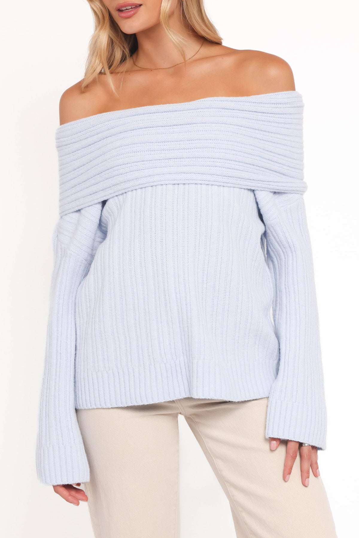 Kenny Off Shoulder Knit Sweater in Pale Blue – view 5 of 6